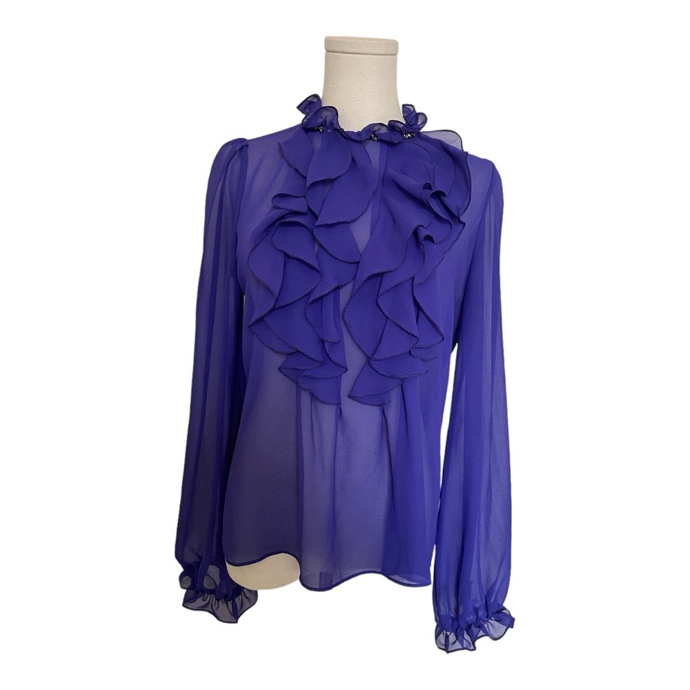 Purple Sheer Ruffled high neck blouse with rhinestone collar detail. Size M.